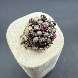 Vintage Sterling Silver Poison Ring with Garnet Cabochons - Size 8.5 - 9.75g